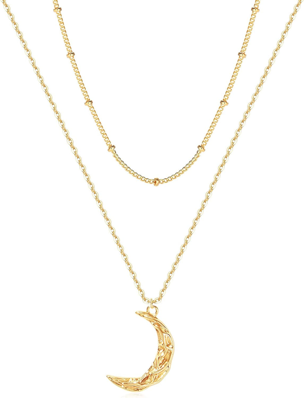 Layered Moon Star Necklace Pave CZ 14K Gold Plated