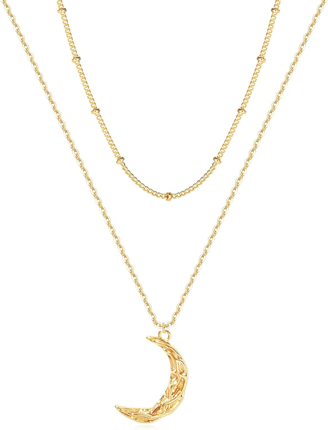 Layered Moon Star Necklace Pave CZ 14K Gold Plated