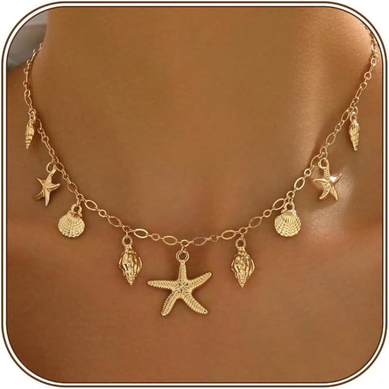 Shell Starfish Necklace for Women, 14K Gold Plated Boho Layered