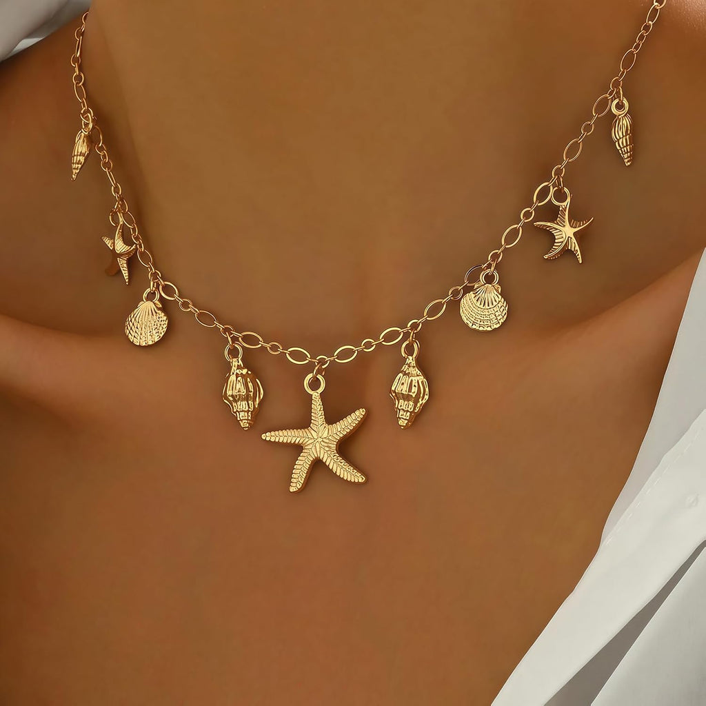 Shell Starfish Necklace for Women, 14K Gold Plated Boho Layered