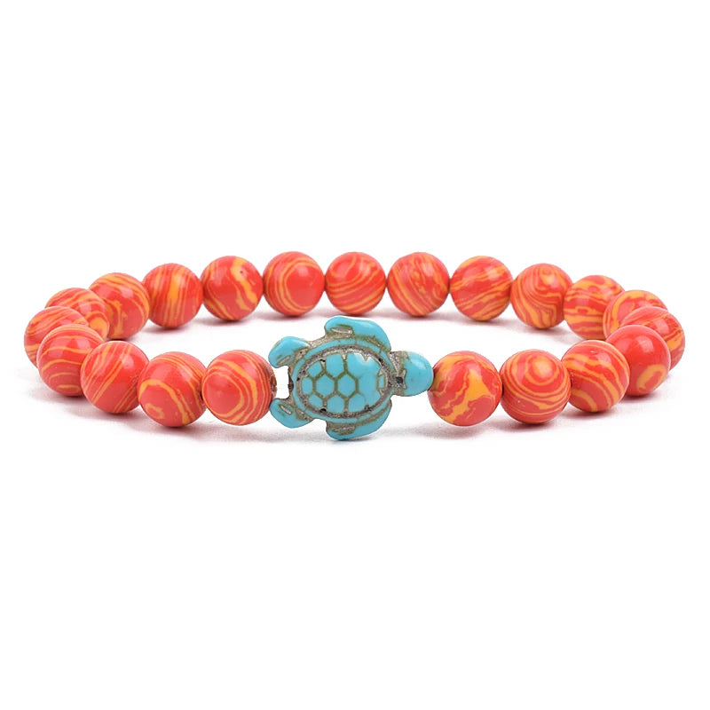 8Mm Sea Turtle Turquoise Bead Bracelet, Boho Beach Jewelry