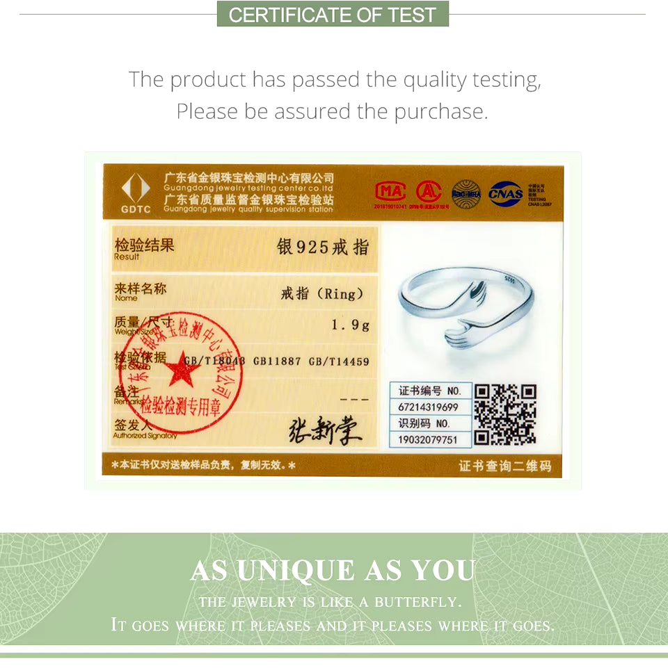 925 Sterling Silver Hug Open Ring, Adjustable Gift Ring