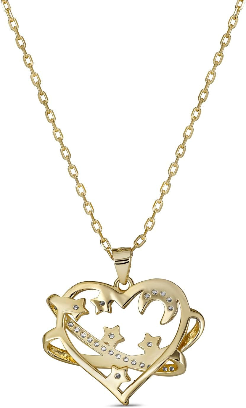 925 Sterling Silver Cosmic Moon and Star Heart Pendant Necklace