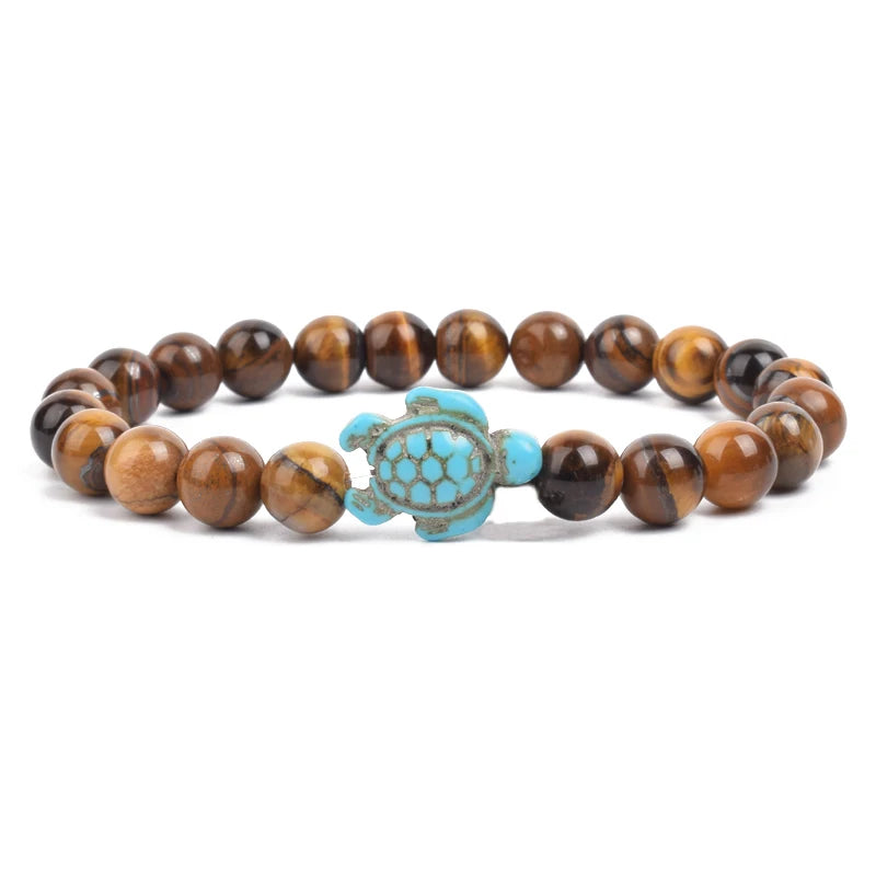 8Mm Sea Turtle Turquoise Bead Bracelet, Boho Beach Jewelry