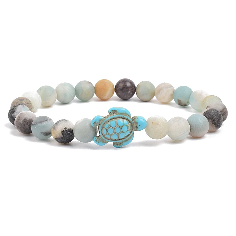 8Mm Sea Turtle Turquoise Bead Bracelet, Boho Beach Jewelry