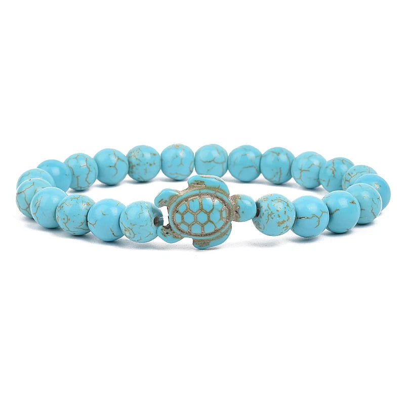 8Mm Sea Turtle Turquoise Bead Bracelet, Boho Beach Jewelry