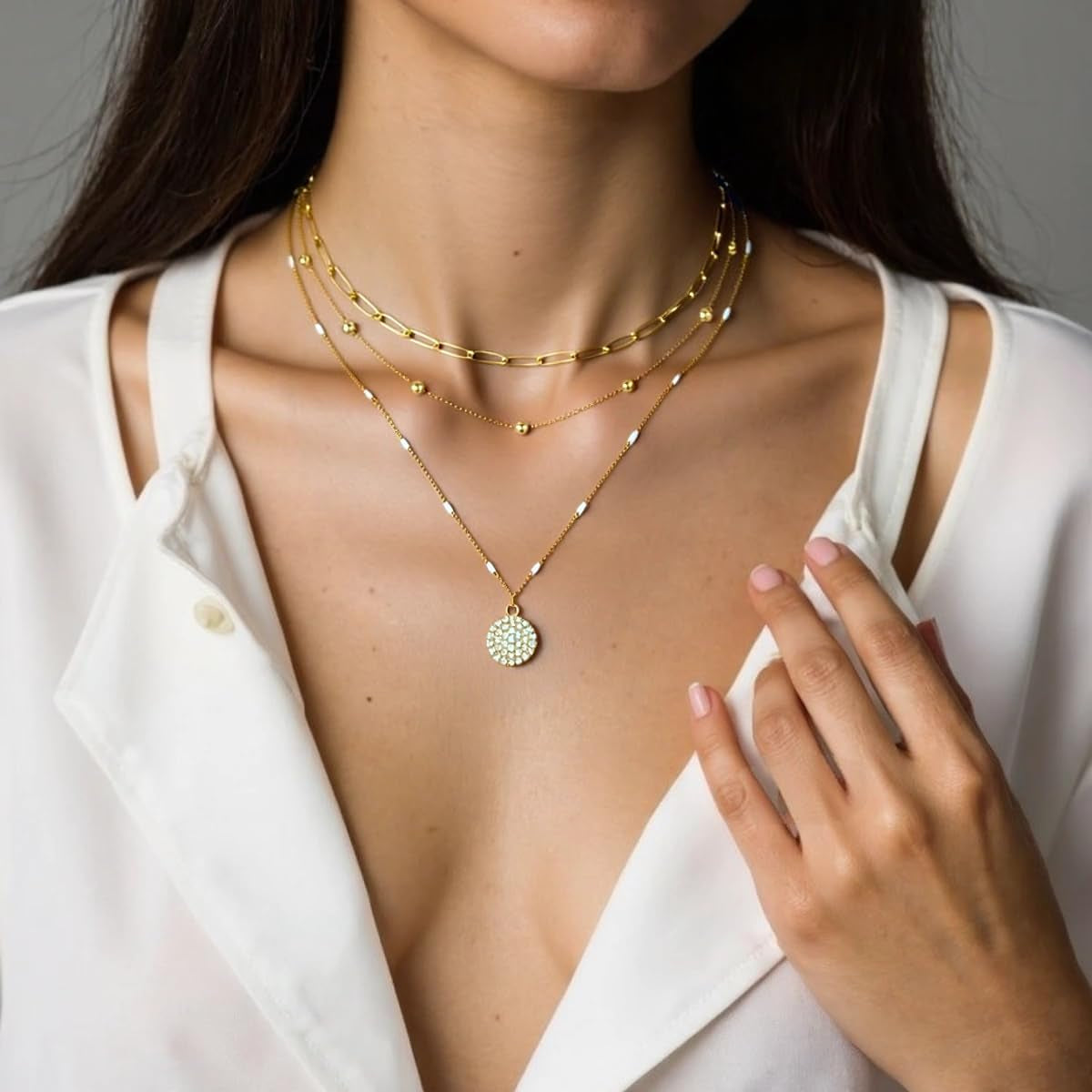 Layered Gold Necklace Stack for Women, 18K Gold Plated