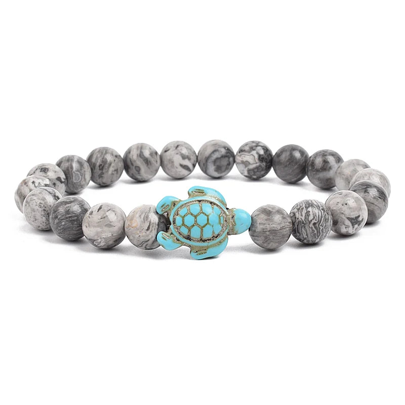 8Mm Sea Turtle Turquoise Bead Bracelet, Boho Beach Jewelry
