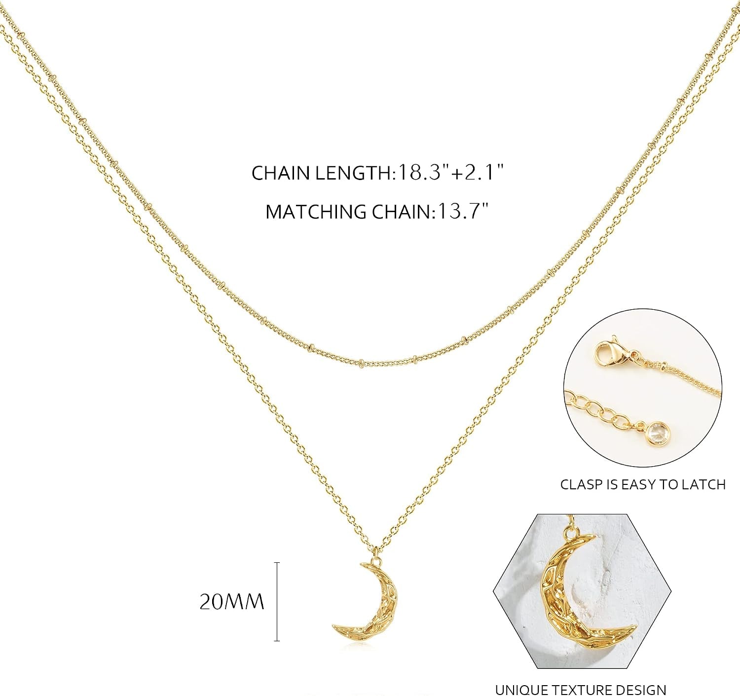 Layered Moon Star Necklace Pave CZ 14K Gold Plated