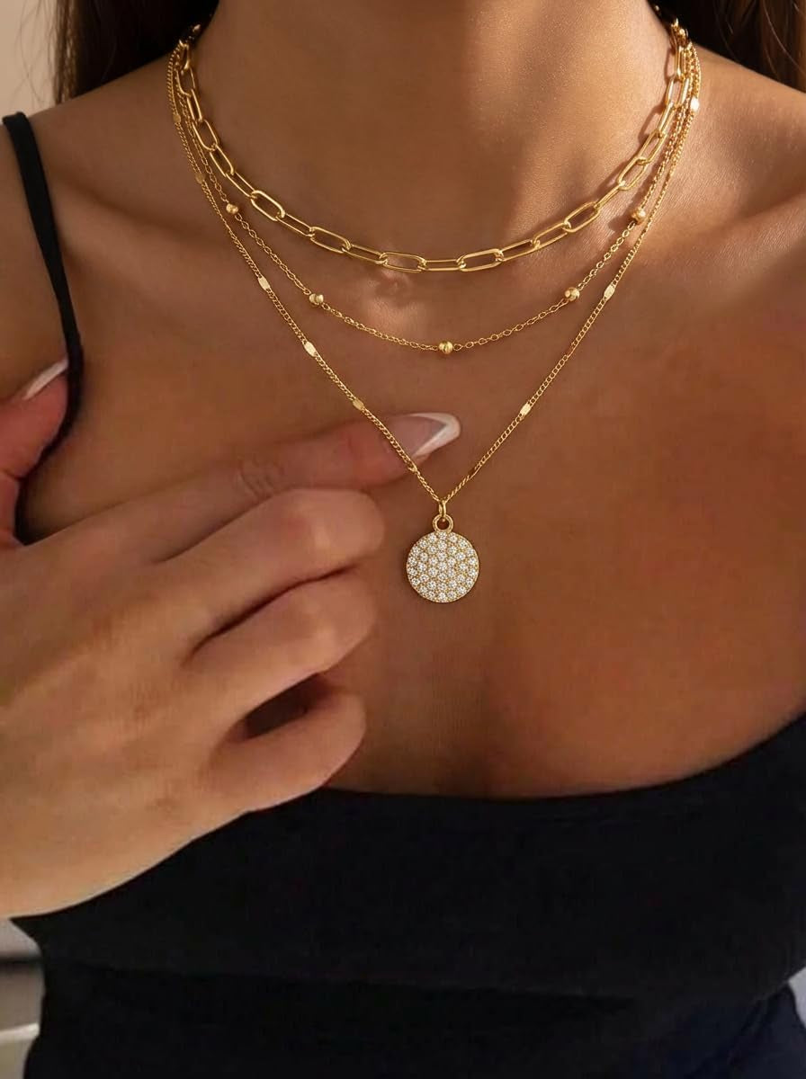Layered Gold Necklace Stack for Women, 18K Gold Plated