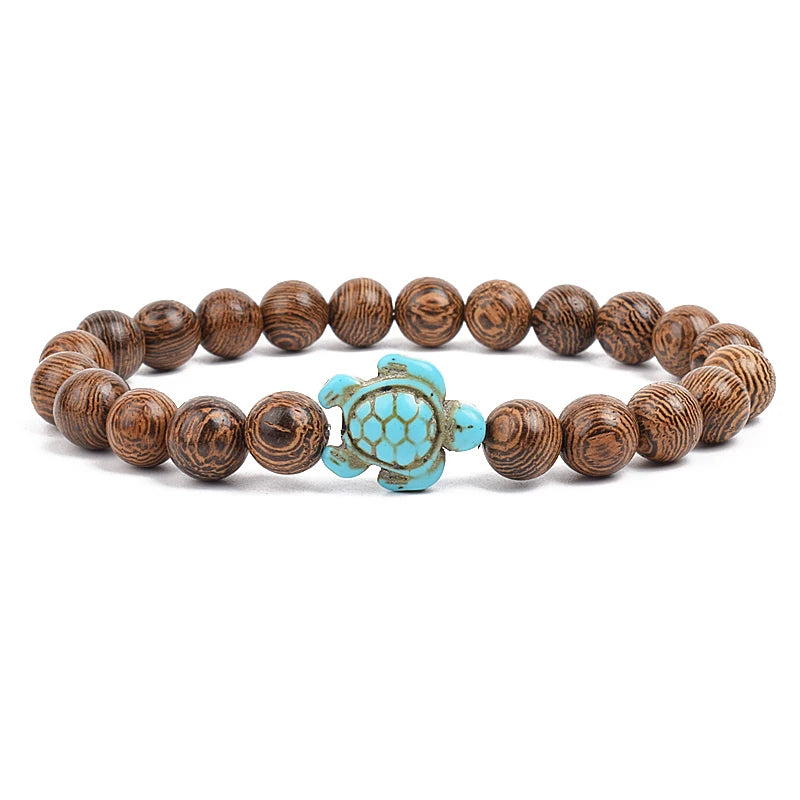 8Mm Sea Turtle Turquoise Bead Bracelet, Boho Beach Jewelry