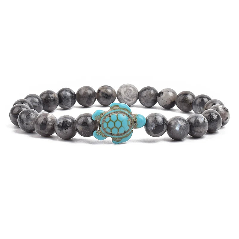 8Mm Sea Turtle Turquoise Bead Bracelet, Boho Beach Jewelry