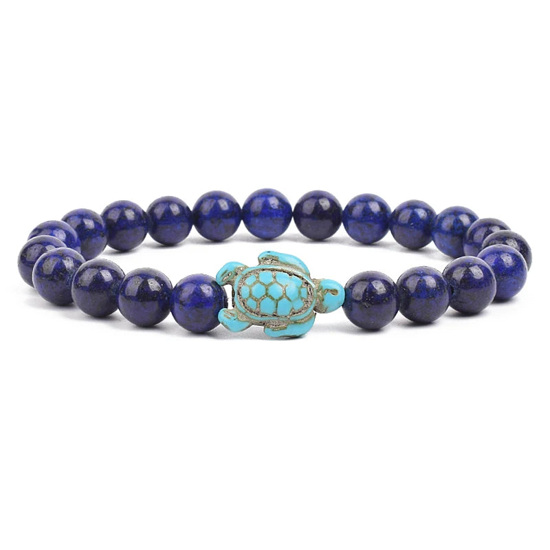 8Mm Sea Turtle Turquoise Bead Bracelet, Boho Beach Jewelry