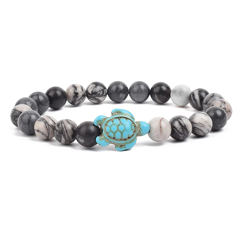 8Mm Sea Turtle Turquoise Bead Bracelet, Boho Beach Jewelry