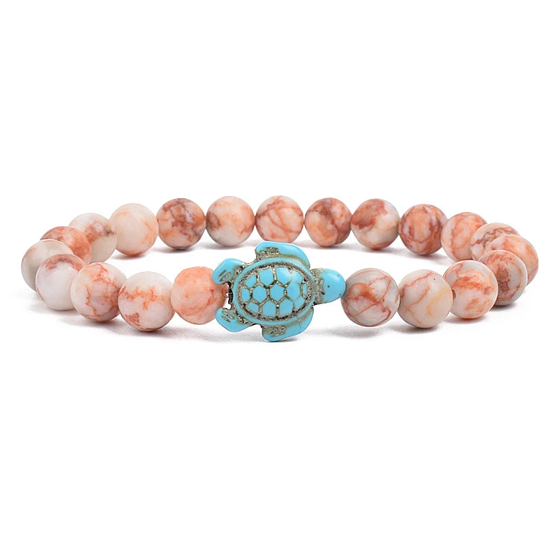 8Mm Sea Turtle Turquoise Bead Bracelet, Boho Beach Jewelry
