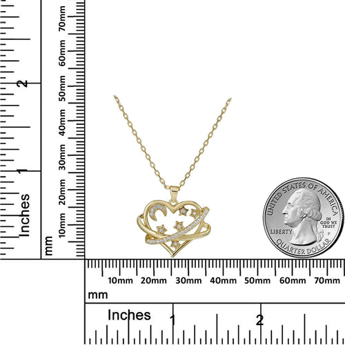 925 Sterling Silver Cosmic Moon and Star Heart Pendant Necklace