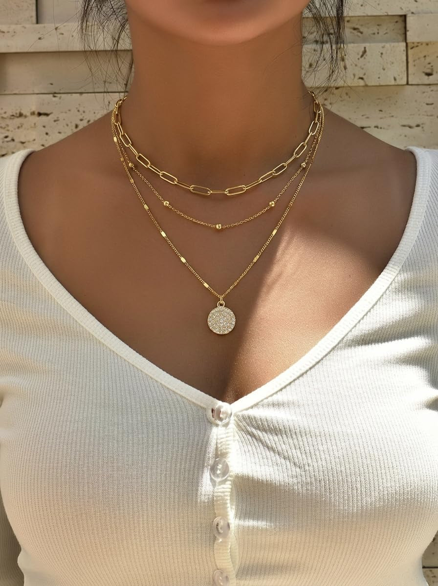Layered Gold Necklace Stack for Women, 18K Gold Plated