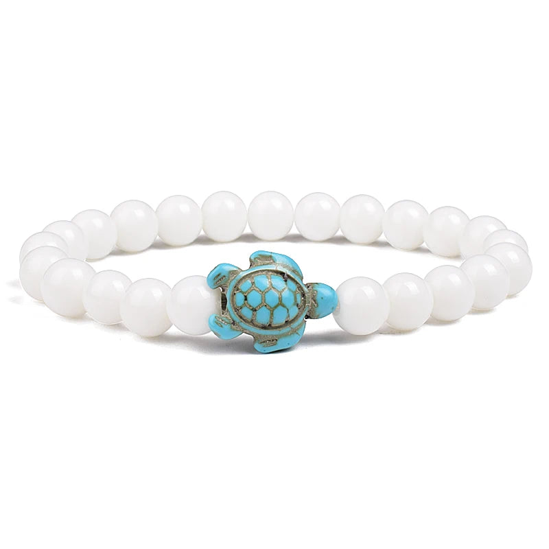 8Mm Sea Turtle Turquoise Bead Bracelet, Boho Beach Jewelry