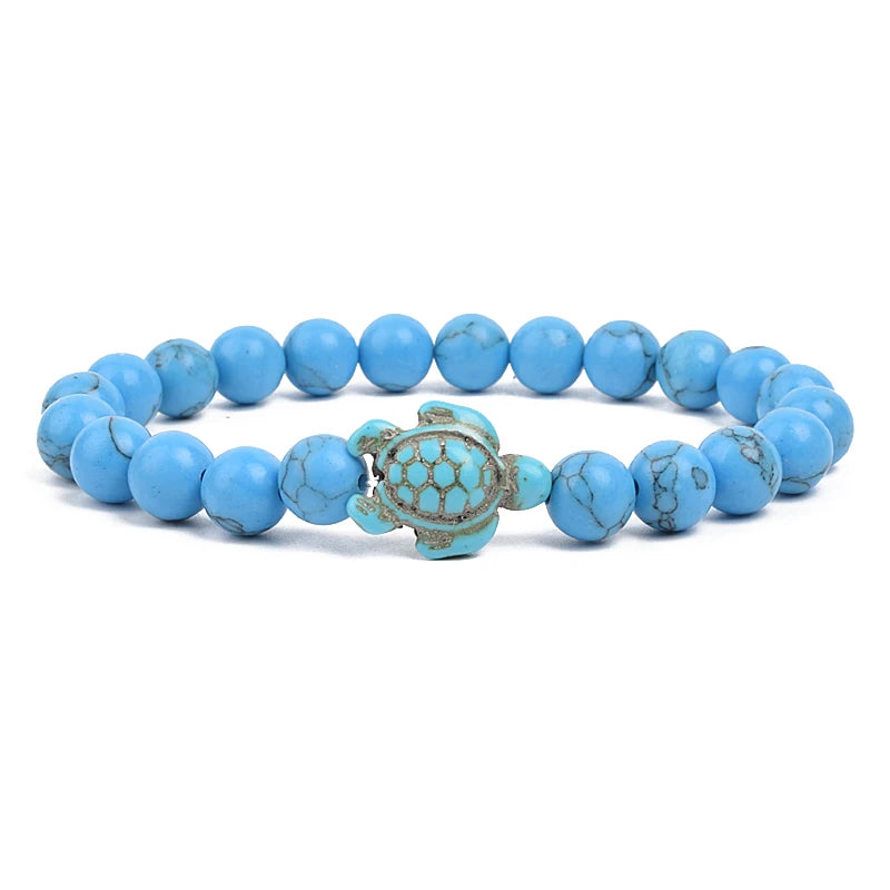 8Mm Sea Turtle Turquoise Bead Bracelet, Boho Beach Jewelry