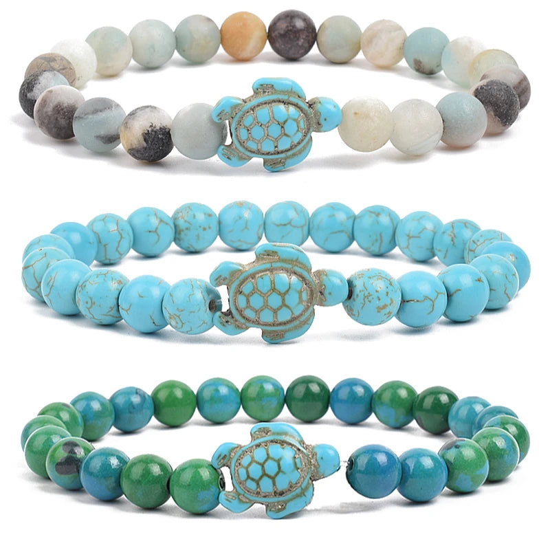 8Mm Sea Turtle Turquoise Bead Bracelet, Boho Beach Jewelry
