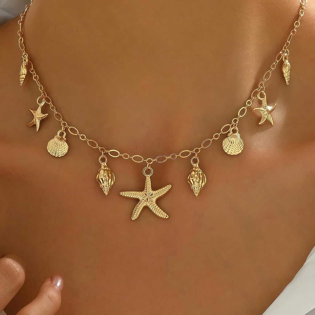 Shell Starfish Necklace for Women, 14K Gold Plated Boho Layered