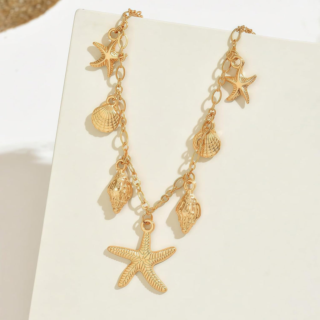 Shell Starfish Necklace for Women, 14K Gold Plated Boho Layered