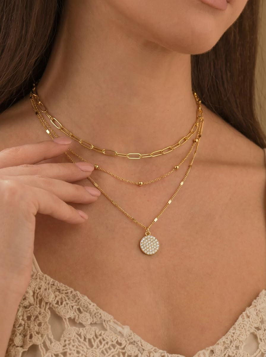 Layered Gold Necklace Stack for Women, 18K Gold Plated