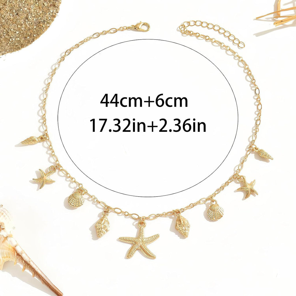 Shell Starfish Necklace for Women, 14K Gold Plated Boho Layered