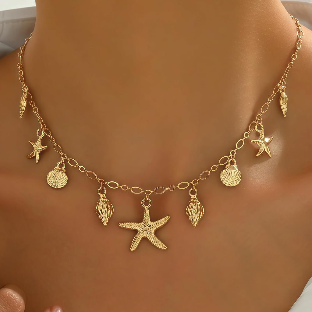 Shell Starfish Necklace for Women, 14K Gold Plated Boho Layered