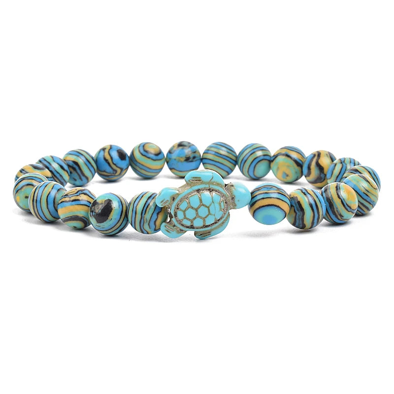 8Mm Sea Turtle Turquoise Bead Bracelet, Boho Beach Jewelry