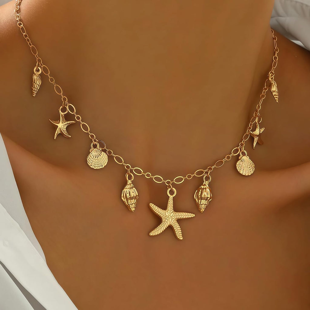 Shell Starfish Necklace for Women, 14K Gold Plated Boho Layered