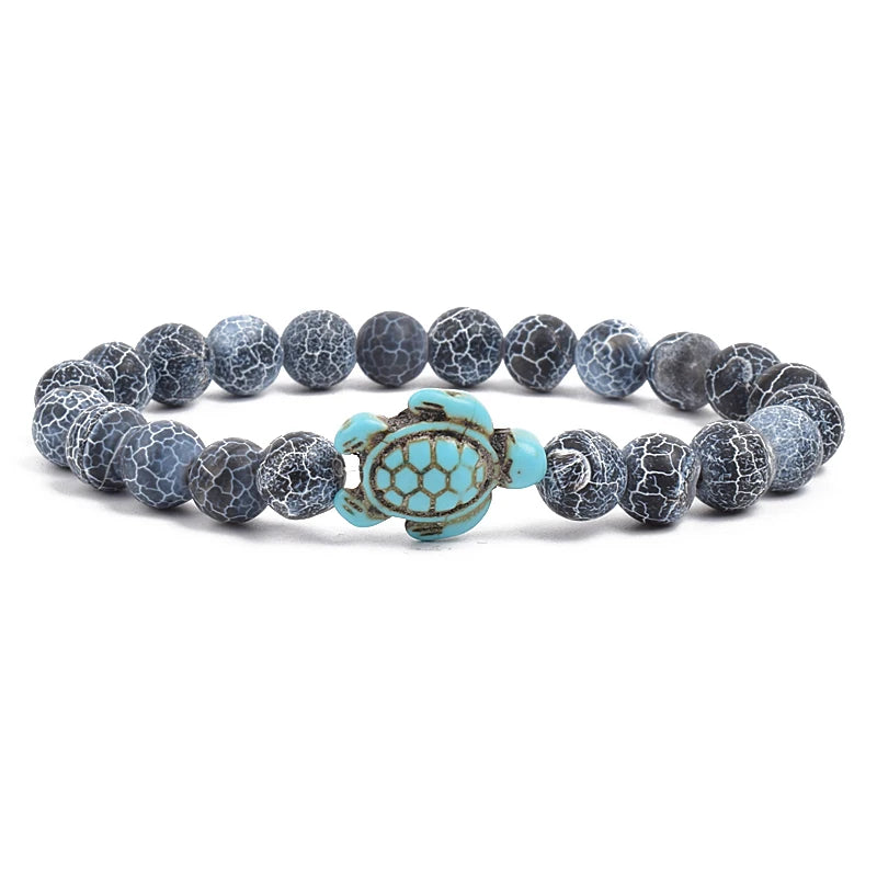 8Mm Sea Turtle Turquoise Bead Bracelet, Boho Beach Jewelry