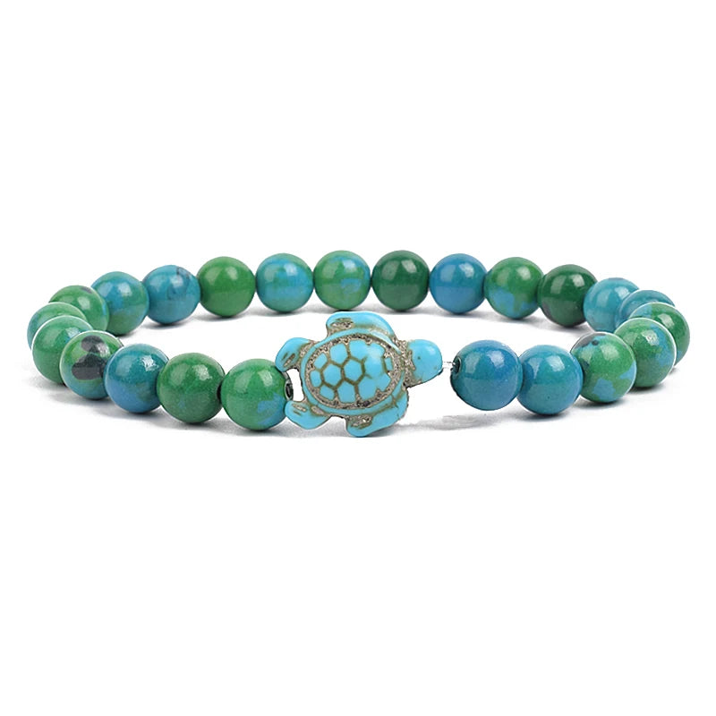 8Mm Sea Turtle Turquoise Bead Bracelet, Boho Beach Jewelry