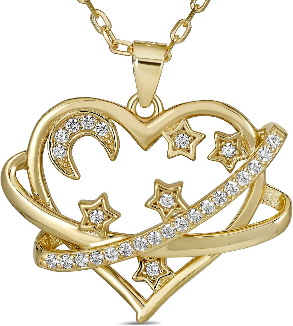 925 Sterling Silver Cosmic Moon and Star Heart Pendant Necklace