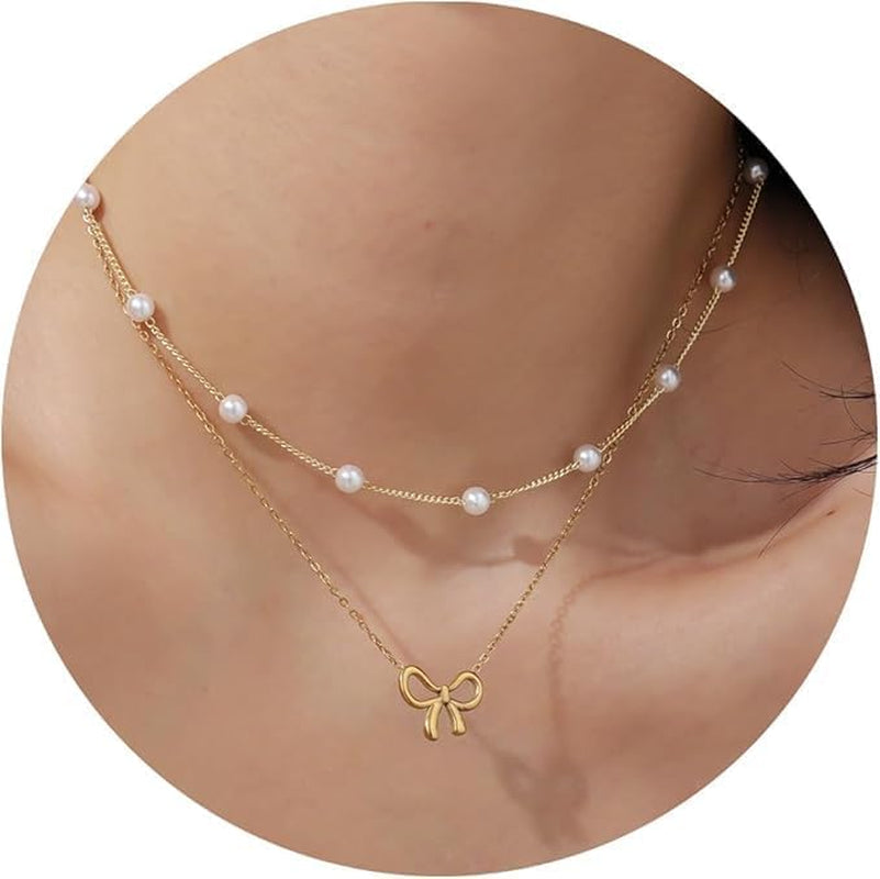 18K Gold Plated Satellite Pearl & Bow Pendant Necklace