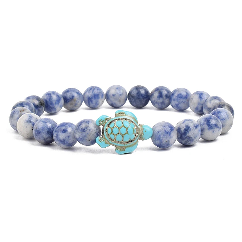 8Mm Sea Turtle Turquoise Bead Bracelet, Boho Beach Jewelry