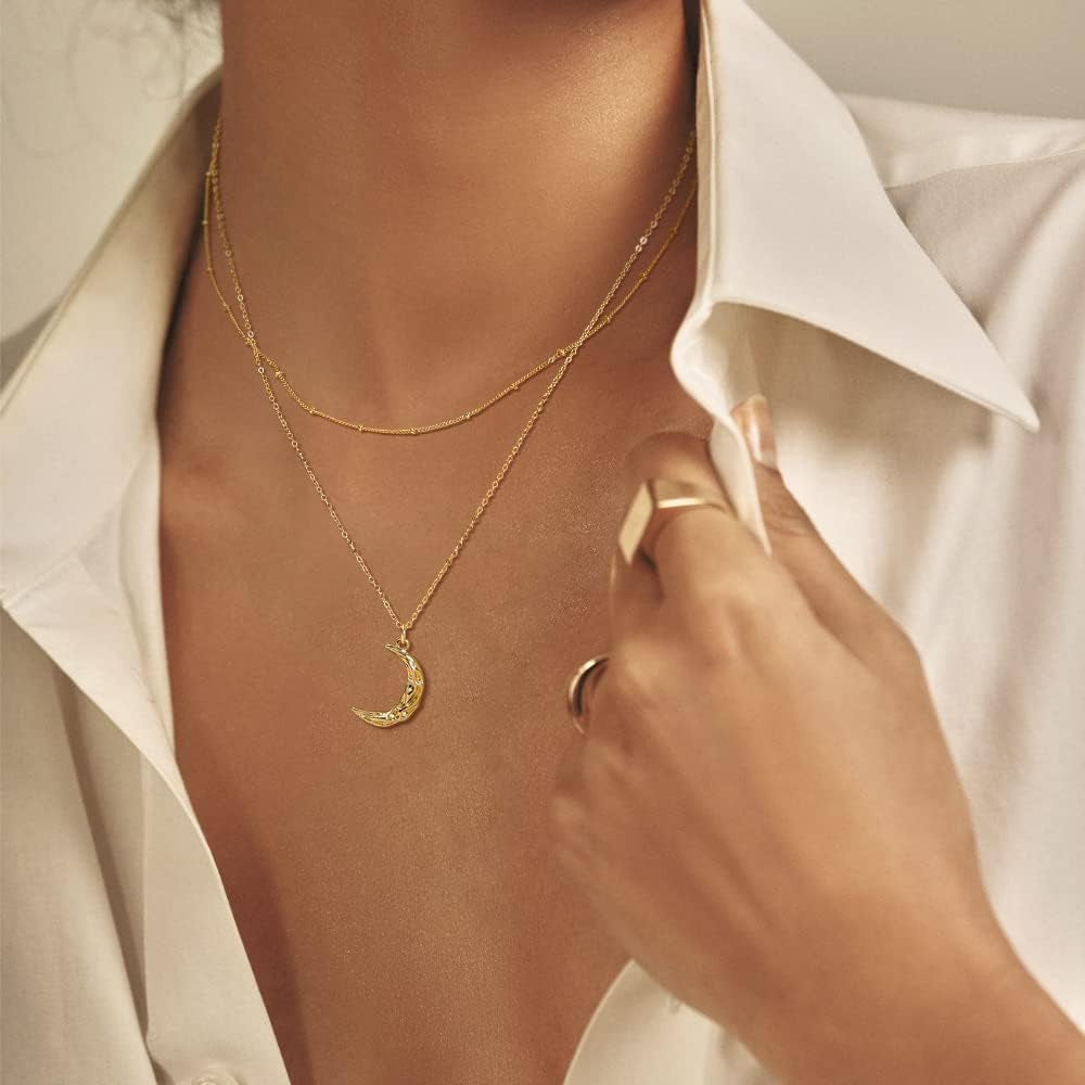 Layered Moon Star Necklace Pave CZ 14K Gold Plated