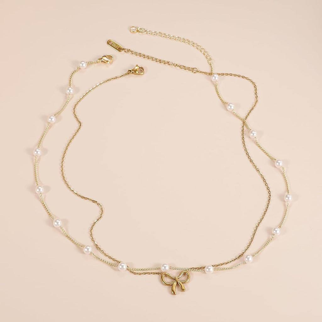 18K Gold Plated Satellite Pearl & Bow Pendant Necklace