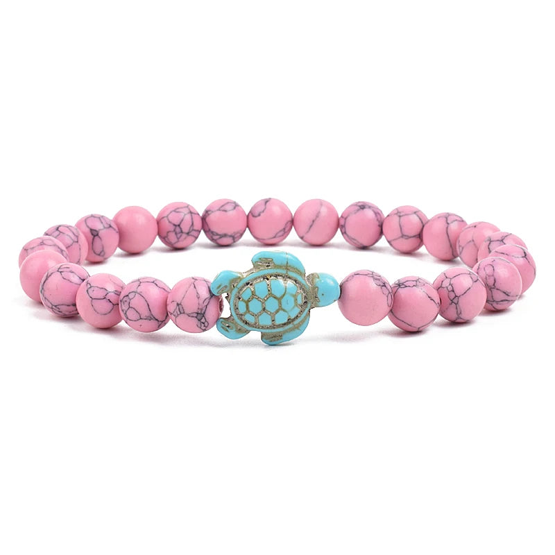 8Mm Sea Turtle Turquoise Bead Bracelet, Boho Beach Jewelry