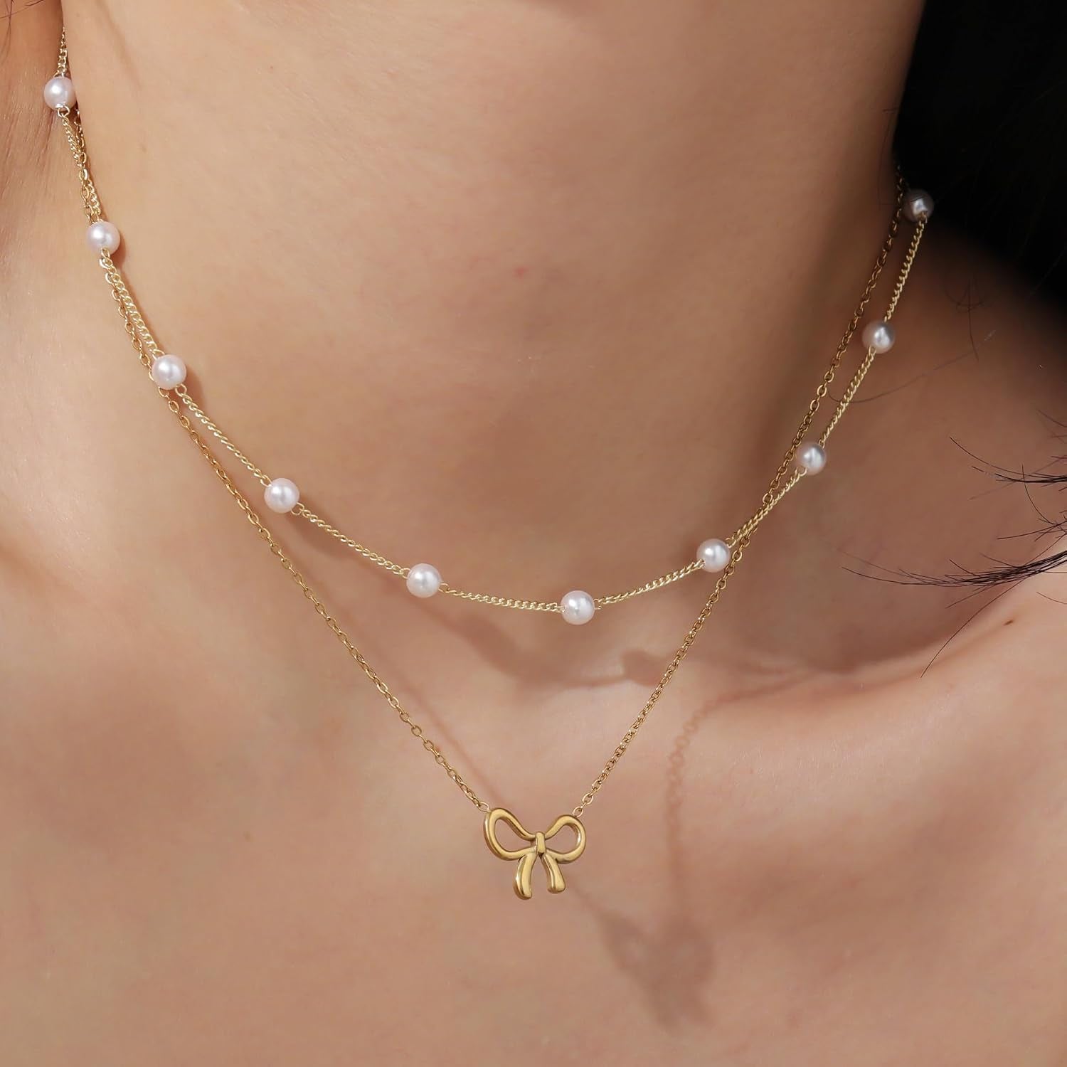 18K Gold Plated Satellite Pearl & Bow Pendant Necklace