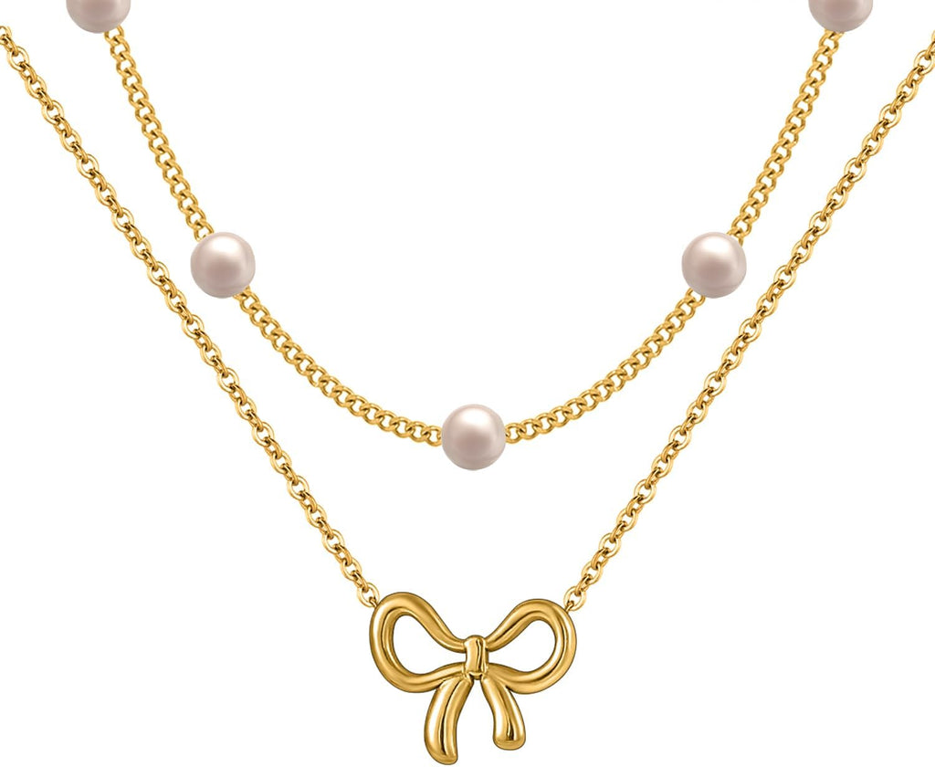 18K Gold Plated Satellite Pearl & Bow Pendant Necklace