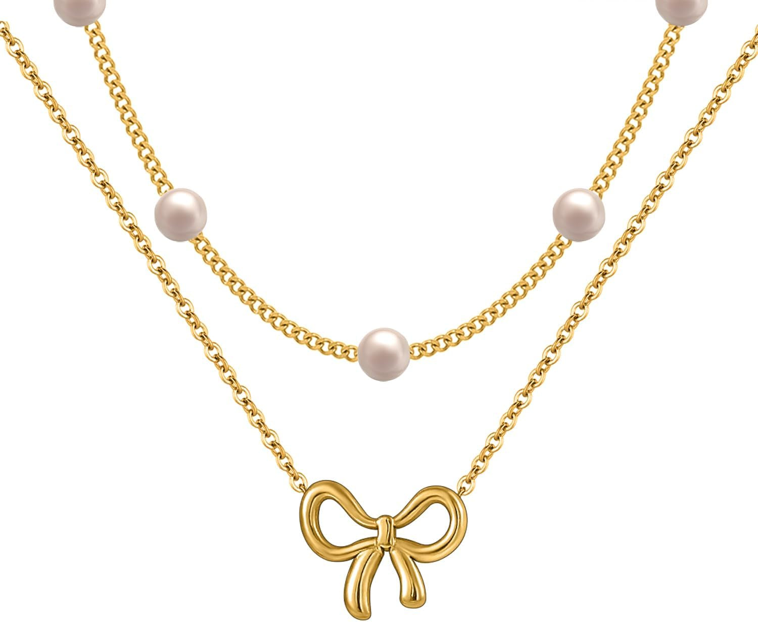 18K Gold Plated Satellite Pearl & Bow Pendant Necklace