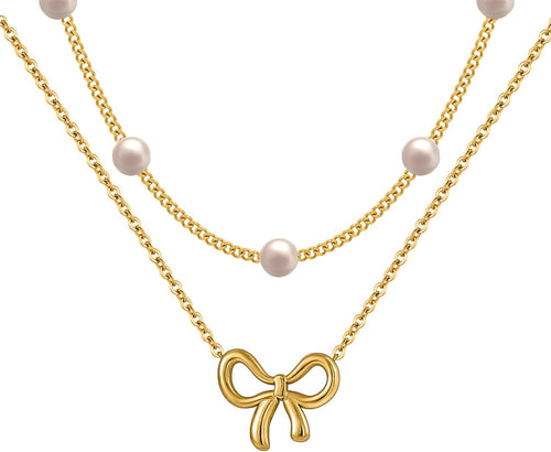 18K Gold Plated Satellite Pearl & Bow Pendant Necklace