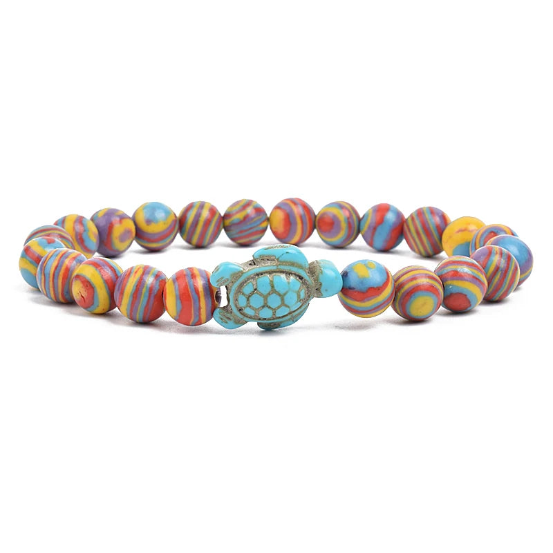 8Mm Sea Turtle Turquoise Bead Bracelet, Boho Beach Jewelry