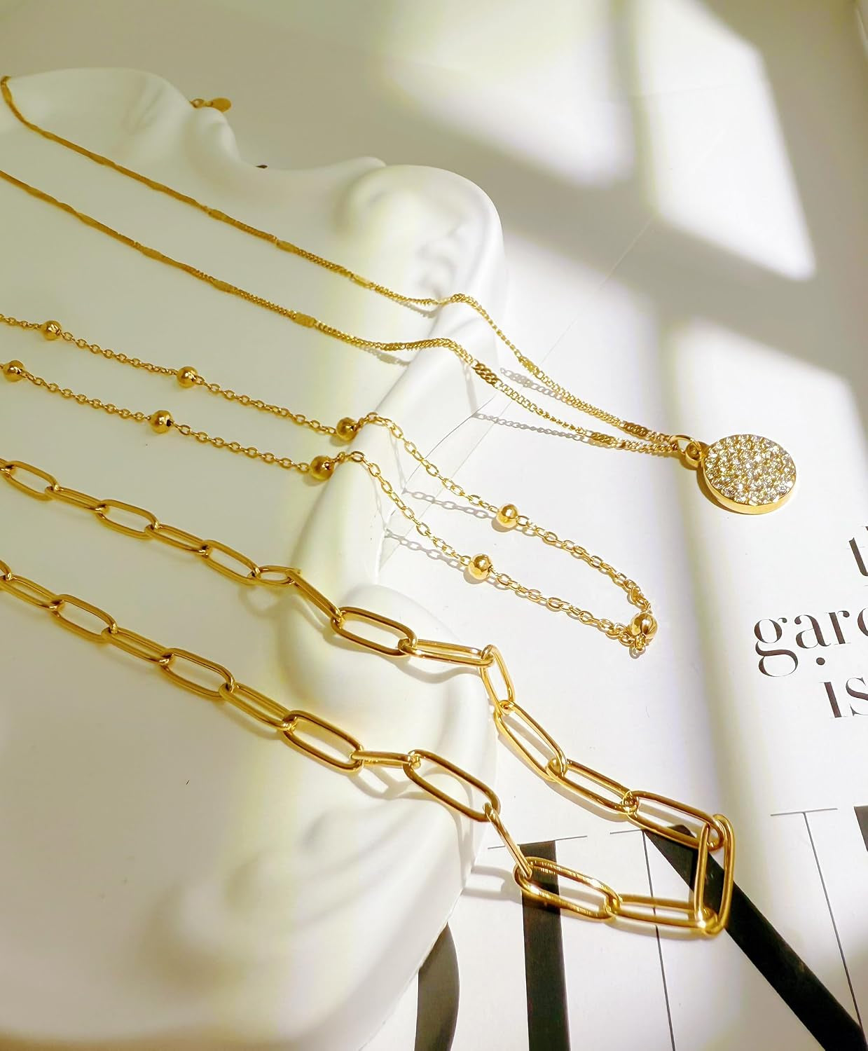 Layered Gold Necklace Stack for Women, 18K Gold Plated