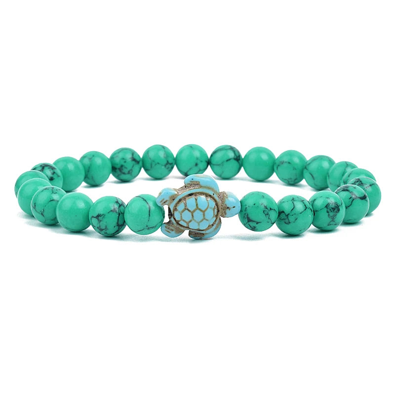 8Mm Sea Turtle Turquoise Bead Bracelet, Boho Beach Jewelry